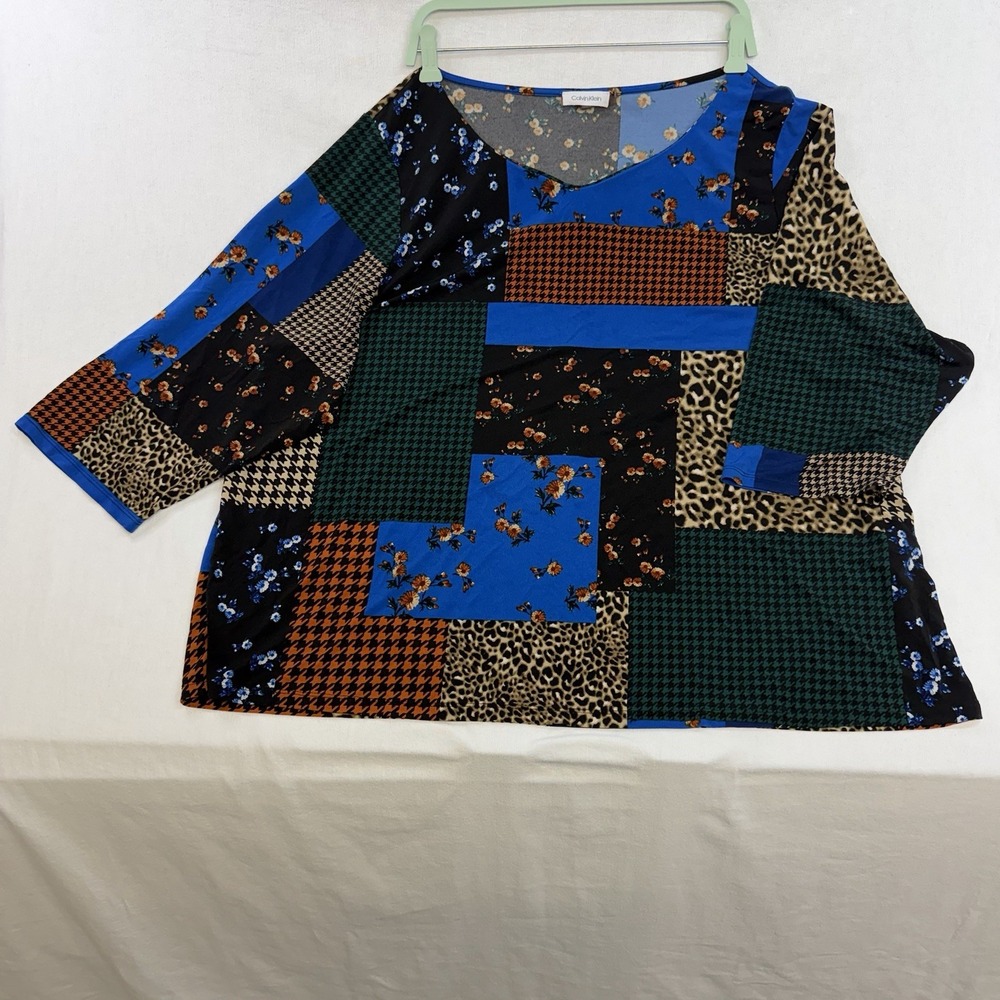 Calvin Klein Patchwork 3/4 Sleeve Blouse Top Trendy Comfort Workwear 3X